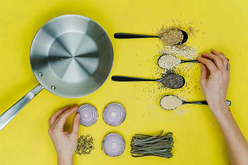 united kingdom flat lay photography of saute skillet beside spoon of spices and vegetables kitchen